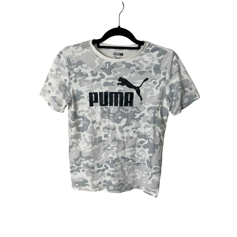 Puma T-Shirt Gray‎ Camo Print Logo Graphic Tee Athleisure Top Jr's Large (14-16)